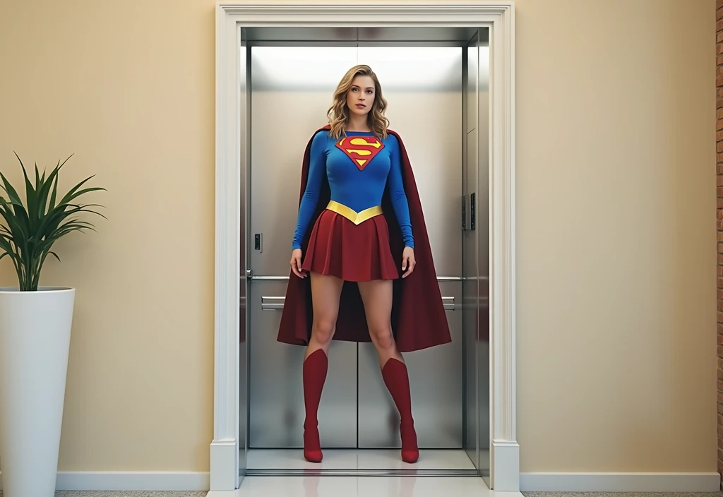 A beautiful Supergirl in a 1980s Superman movie costume, Julie Hagerty, stepping out of an elevator, high quality, photorealistic, 8k, cinematic lighting, dramatic pose, intricate details, warm color tones, volumetric lighting, elegant, heroic, dynamic