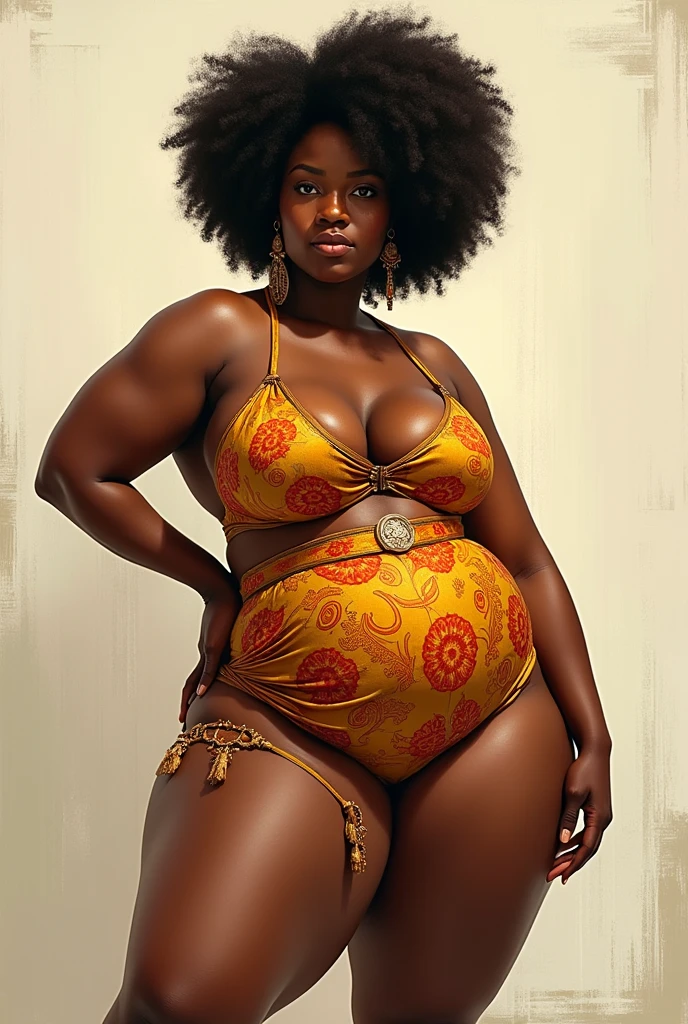 (((Jackie Parris))), (((Simon Bisley))), (((Frank Frazetta))), ((((absurdists))), (((best quality))), (((masterpiece))), (((thicc))), (((afro hair))), large, chubby, wide hipped, thicc, aged-32, African woman, large chest, Zulu warrior of the middle ages, white war paintings on body, perfect and proportional body, cheetah print, big black afro hair, black-skinned savanna warrior wearing very few clothes and many necklaces and body adornments, tiny purple bikini made of African beads and rainbow crystals, sandals, smiling,, rainbow, crystal, red sunset, bioluminescent, glowing
