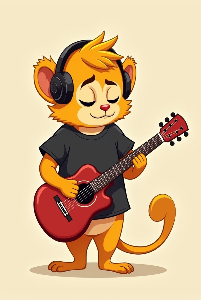 Golden lion tamarin in cartoon form, standing, with head bowed, colored with shades of yellow and orange and using headphones. serious face, with closed eyes and an arched eyebrow, wearing a black short sleeve t-shirt and holding a red guitar.