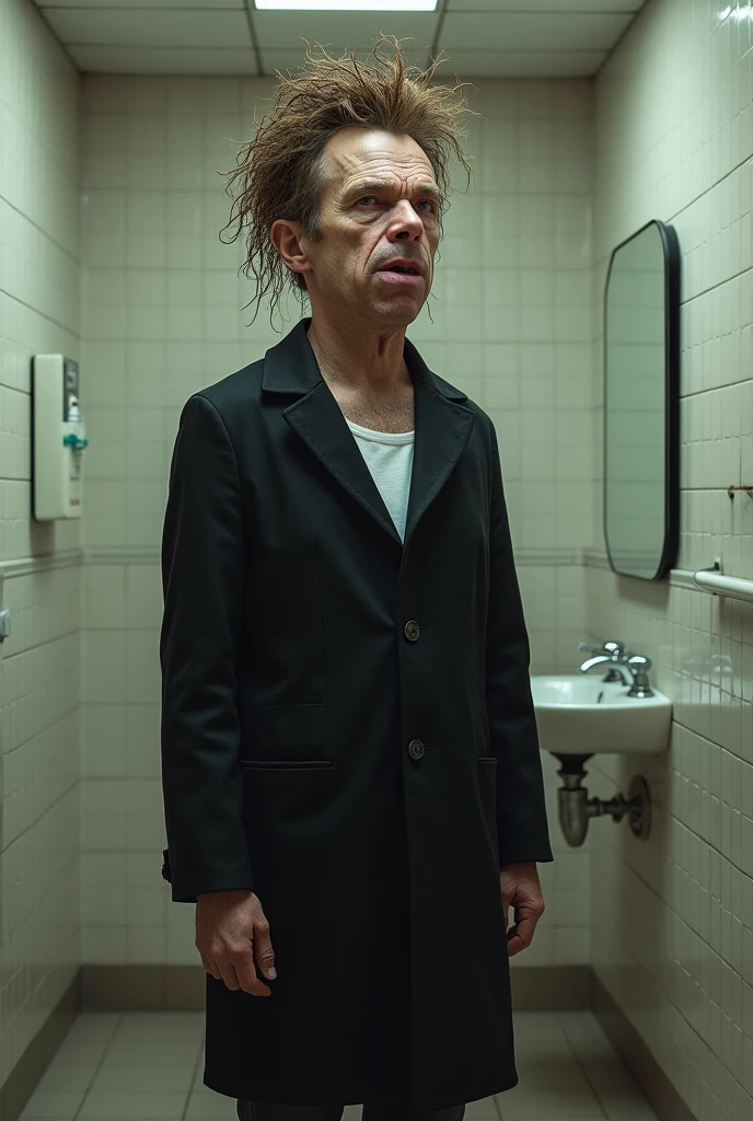 A young man with literally his face being completely a butt and poop hair wearing a black coat and he&#39;s in the bathroom of a mental hospital
