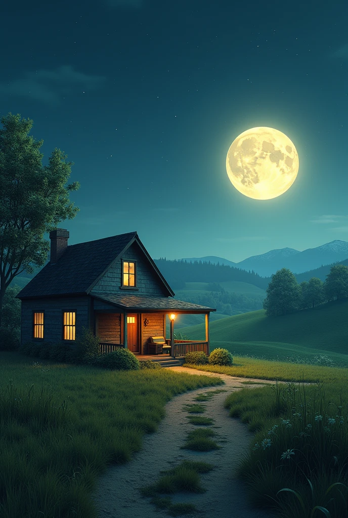 Make me a picture of the full moon with a country house and the moon is a little far from the house and the image is horizontal