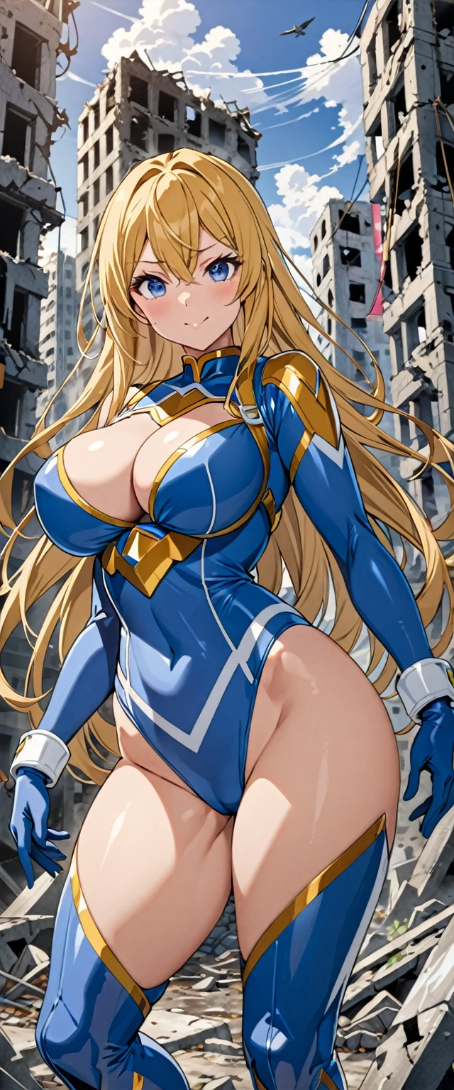 ((masterpiece)), ((Ultra quality)), ((super detailed)), ((high resolution)), ((8k)), a beautiful woman, ((She is one of the most famous actress in the world.)), unparalleled beauty, ((large breast:1.5)), ((large ass)), ((deep cleavage:1.4)), slim waist, chest out, ultra detailed face, perfect skin, (((waist length hair, ((long straight golden hair)), crossed bangs))), ((blue eyes)), detailed eyes, whole body image, sexy, an inviting smile, sensual, (((anime))), ((glamorous)), ((sexual attraction)) ,((Age 25)), ((incredibly beautiful woman)), ((The H cup bust)), ((Gravure pose)), ((neat and clean.)), ((Power Ranger, commanding officer)), (((high leg cut leotard, white line on blue colored Super power suit))), ((beautiful breasts, beautiful legs)), 8 life size, anime:1.4, the most beautiful and strongest, ((charm)), ((((Gravure pose)))), ((City in Ruins, Immediately after the battle)), ((Femininity)),