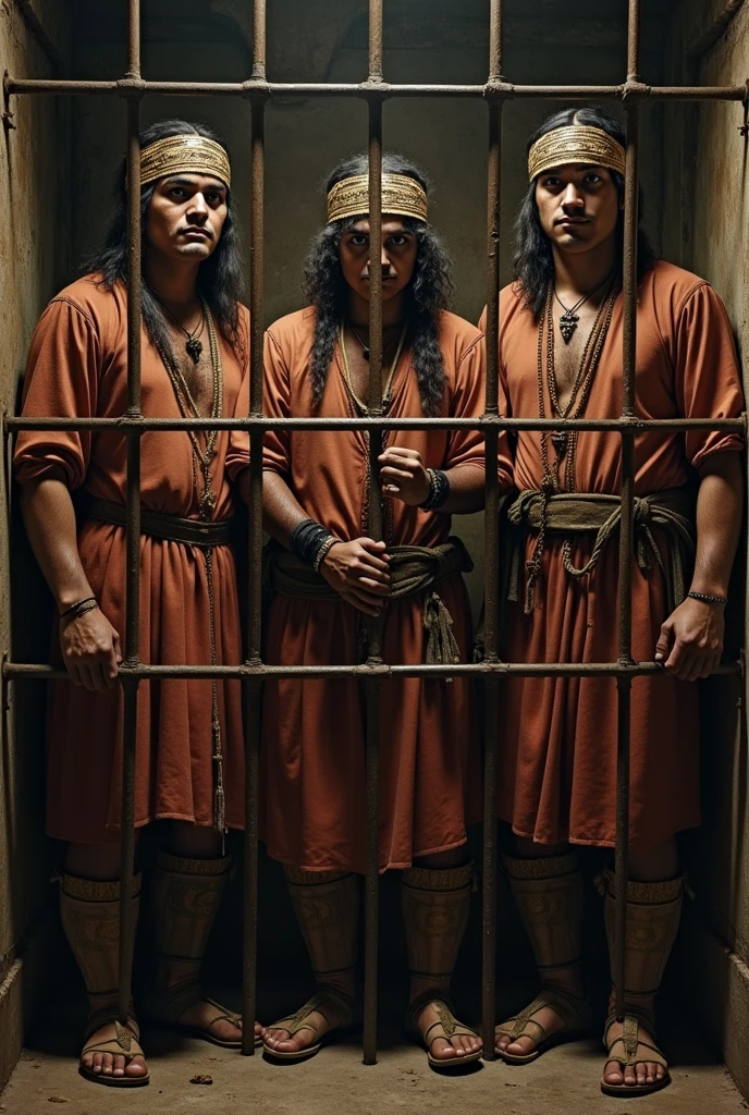 Images where the three Angulos brothers who are the linertators of Peru and Pumacahua were captured by the Spanish, But they all dress like Incas, their clothes are brown and they are behind the bars of a cell with Marianomegar among them who share glances.