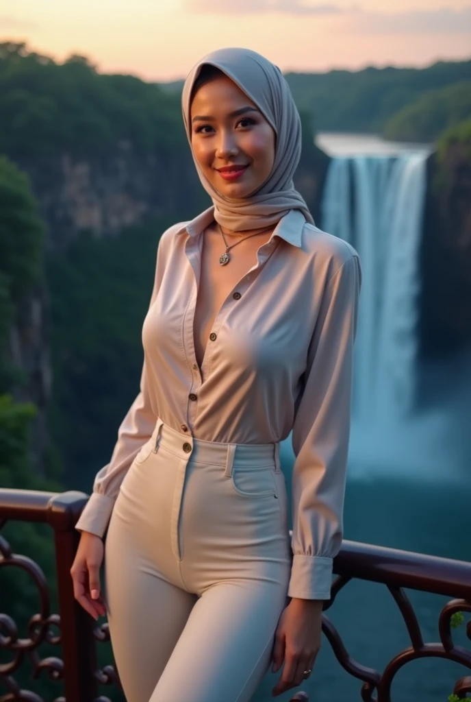 RAW, Best quality, high resolution, masterpiece: 1.3), beautiful malaysian woman in hijab,Masterpiece, perfect slim fit body, (big breastig gorgeous eyes, Soft smile, wear a light tight shirt and very tight light legging. cameltoes.panties lines.necklace, shairband, evening view. freestyle pose. waterfall view. Excellent lighting, Bright colors, Clean lines.