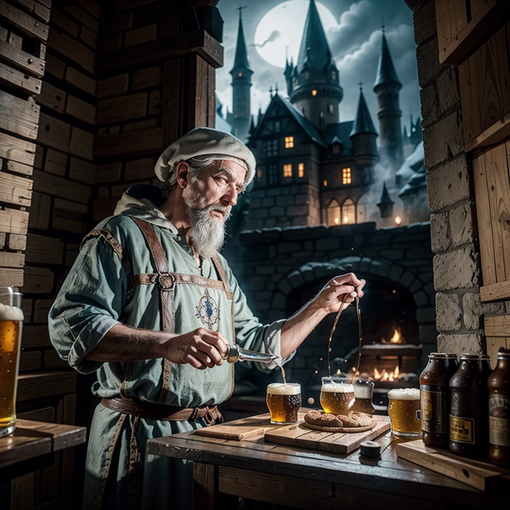 An old alchemist wizard cooking a beer in his pan and drinking a draft beer in his medieval castle surrounded by lots of magic.
