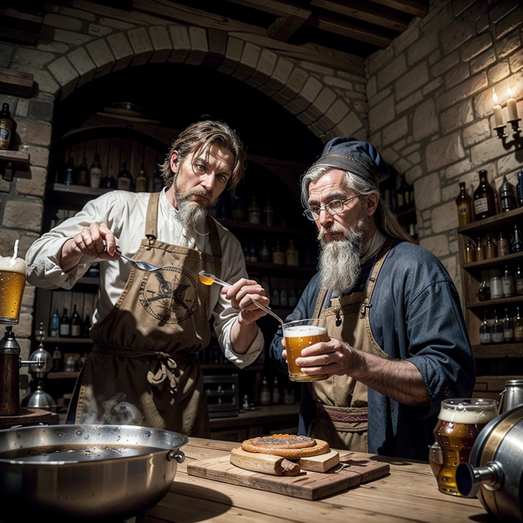 An old alchemist wizard cooking a beer in his pan and drinking a draft beer in his medieval castle surrounded by lots of magic.