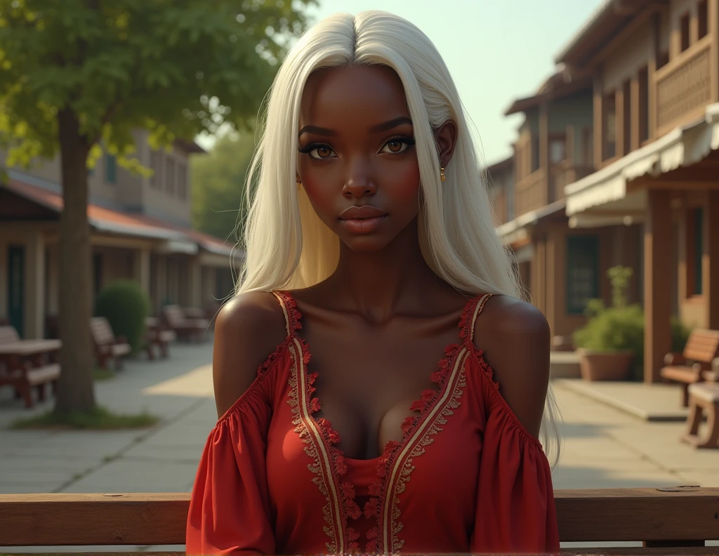 black woman with honey-colored eyes, long straight white hair, sitting on a wooden bench in the square wearing a red dress 