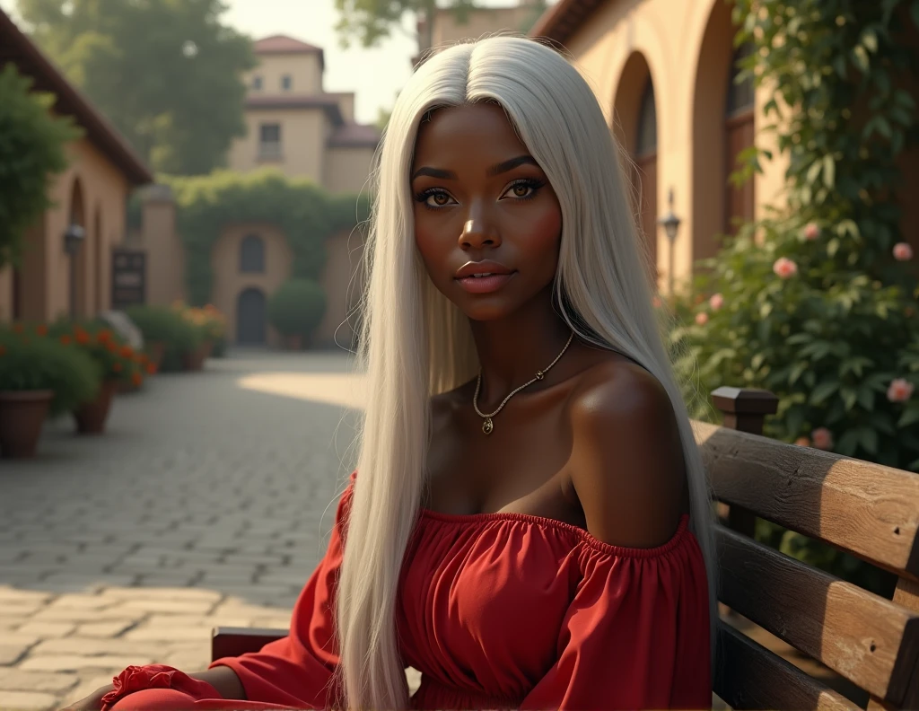 black woman with honey-colored eyes, long straight white hair, sitting on a wooden bench in the square wearing a red dress 