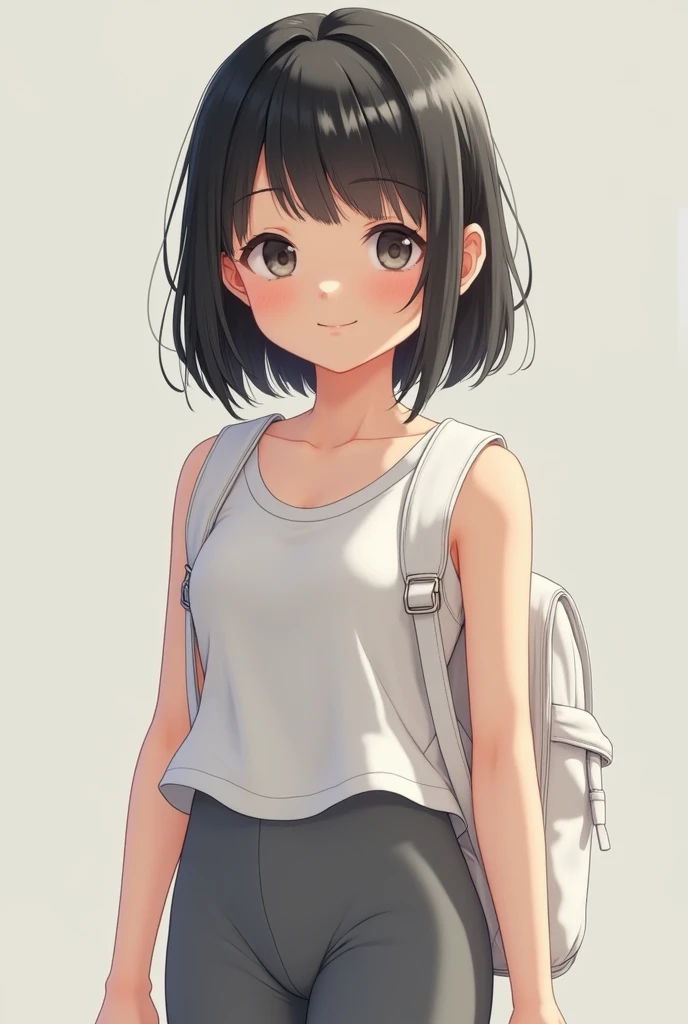 8K,masterpiece,Japanese,teenage girl,12years old(1.3),short stature,girl,from the front,Innocent face,calm eyes,Childish,
detailed face,
baby face(2.0),light eyebrows,Downturned eyes,baby skin,No makeup,no eyelashes,Small nose(0.7),
slender,tiny,slim legs,
wearing tank top,wearing grey tight leggings ,wearing white panties, (carrying enamel randoseru),(carrying enamel school bag)wearing white panties,
((smile,laugh,laughing)),look away,((blushing)),