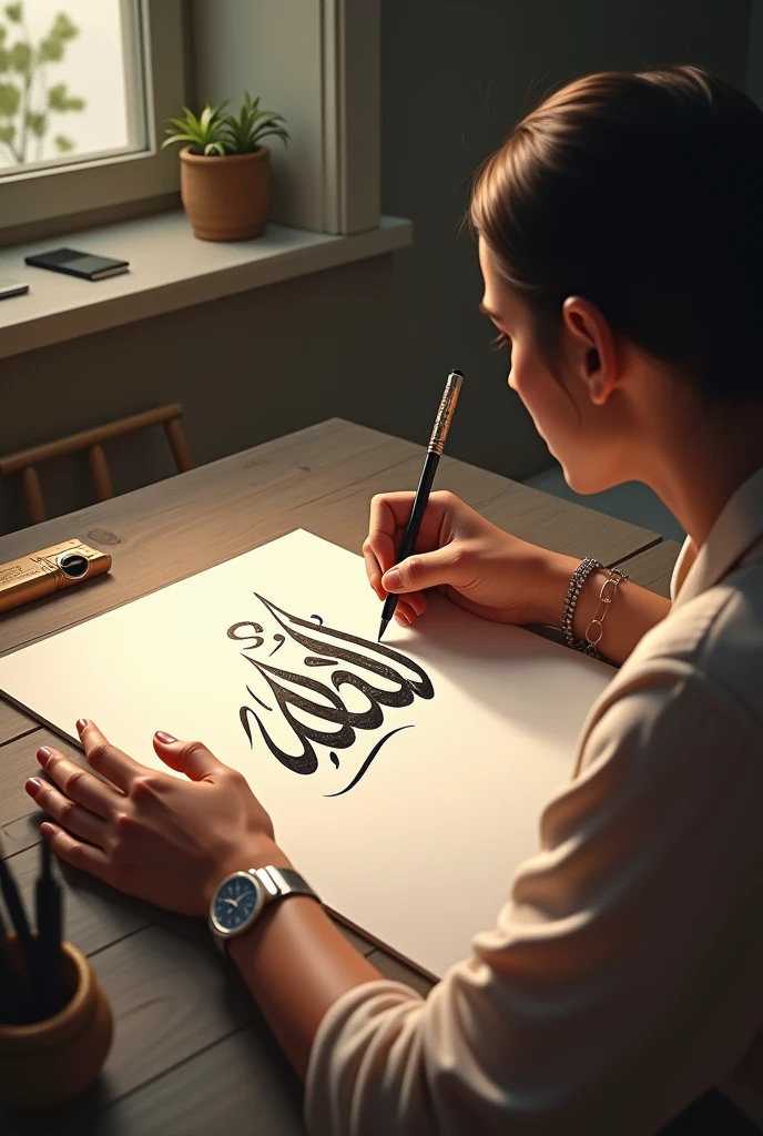 picture of someone drawing writing "Uswatun Hasanah" on the drawing paper.