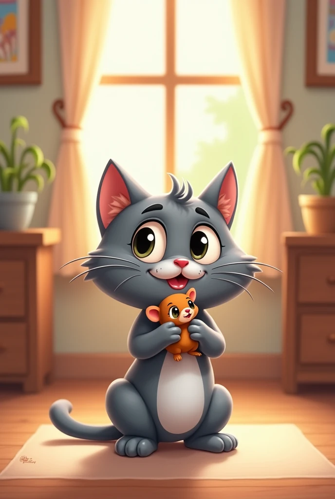 Gray cat holding a brown mouse inside a room Cartoon