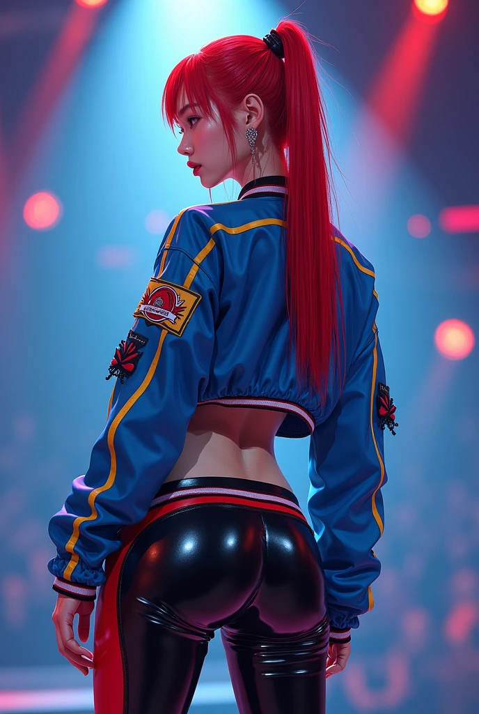 masterpiece, Highest quality, Ultra-high resolution, (sexy Korea idol man: 1.3), Men, Korea Men, manhwa, sexy Men, Red hair with yellow side streaks, Straight hair、big ass men, big ass, long tied hair, Looks like a、(red and blue harajaku: 1.2), (The jacket is a blue jacket with red and yellow details.: 1.2), back view、Big, shapely ass、The kpop show paucco where the spotlight is dazzling、A little wet、mouth piercing, Focus on the big ass and beautifully shaped