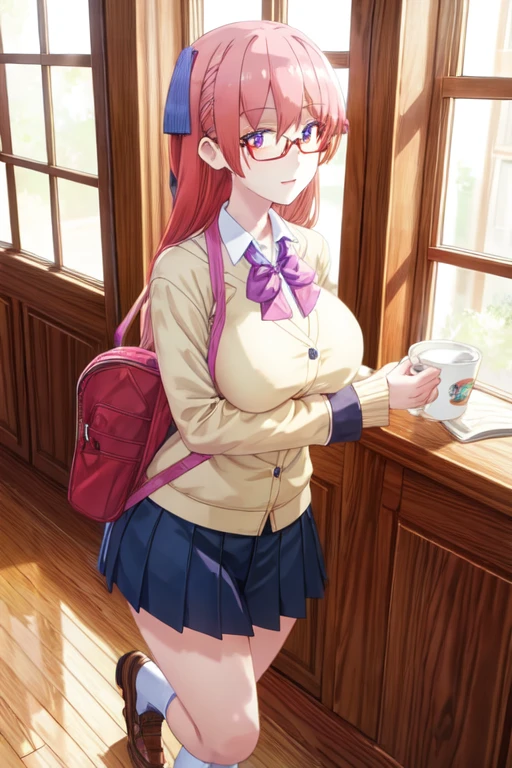 anime female character in School uniform, with short skirt, BREAK , nakamuramisaki, double tail, Glasses, black fur, (beautiful,huge_old:1.3), milf, BREAK , 1 girl, Alone, standing in the garden, Whole body, full figure, BREAK , beautifully detailed illustration of a cozy and meticulously decorated school classroom with warm lighting, vibrant colors, and a cozy atmosphere. BREAK , School uniform, high thighs, burezaa jacket (blazer), bow, School uniform, bowtie, shoes, moccasins, Love, BREAK , beautiful detailed eyes, beautiful detailed lips, extremely detailed eyes and face, long eyelashes, BREAK , half: oil painting, atmospheric lighting, dream color palette, detailed interior decoration, calm and peaceful environment, BREAK , (Best Quality,4k,8k,High resolution,masterpiece:1.2), ultra detailed,