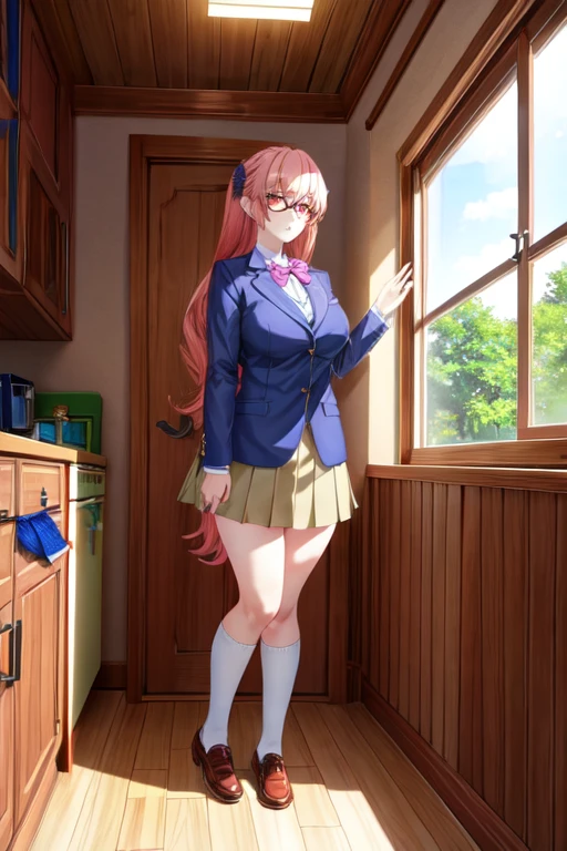 anime female character in School uniform, with short skirt, BREAK , nakamuramisaki, double tail, Glasses, black fur, (beautiful,huge_old:1.3), milf, BREAK , 1 girl, Alone, standing in the garden, Whole body, full figure, BREAK , beautifully detailed illustration of a cozy and meticulously decorated school classroom with warm lighting, vibrant colors, and a cozy atmosphere. BREAK , School uniform, high thighs, burezaa jacket (blazer), bow, School uniform, bowtie, shoes, moccasins, Love, BREAK , beautiful detailed eyes, beautiful detailed lips, extremely detailed eyes and face, long eyelashes, BREAK , half: oil painting, atmospheric lighting, dream color palette, detailed interior decoration, calm and peaceful environment, BREAK , (Best Quality,4k,8k,High resolution,masterpiece:1.2), ultra detailed,