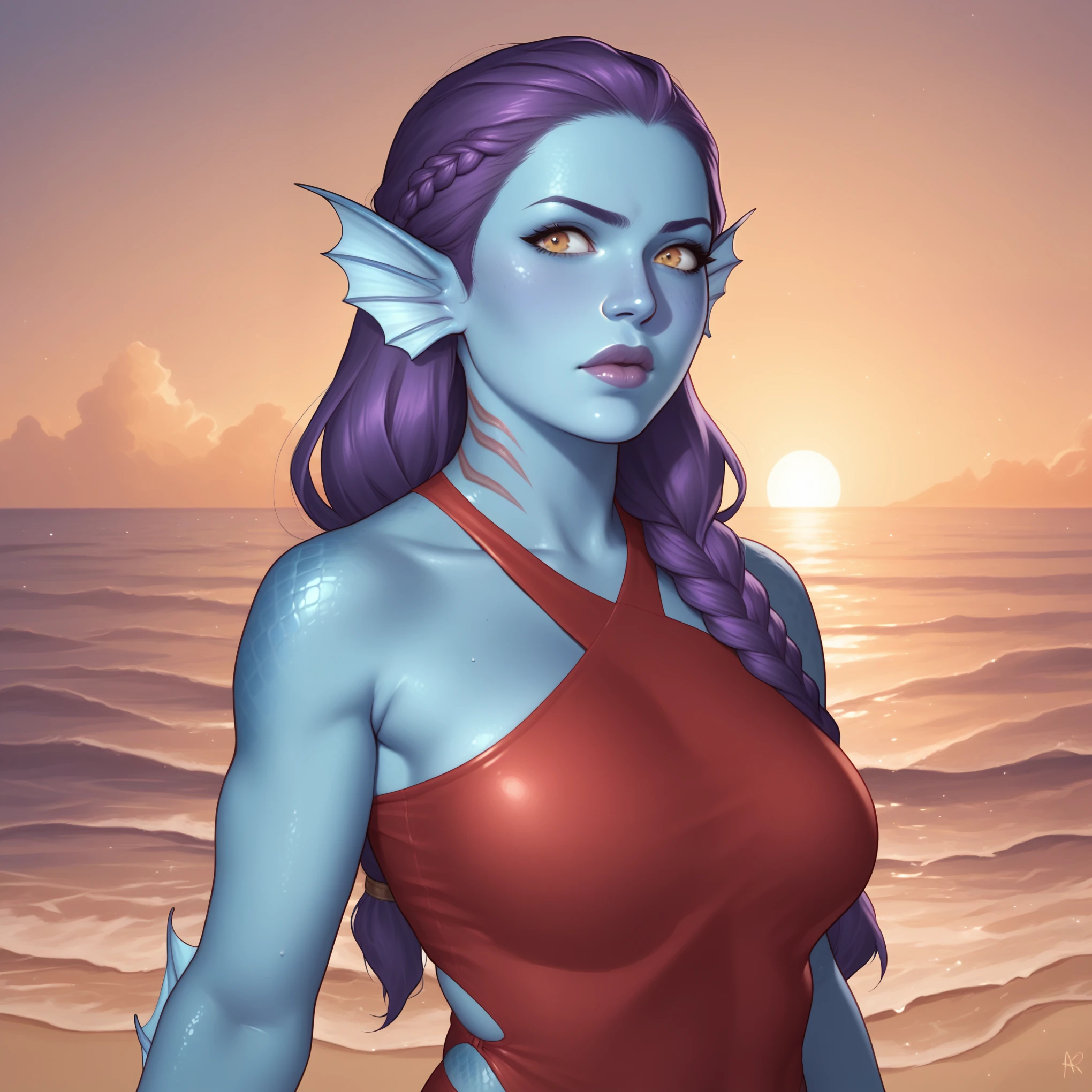 (((beautiful, high quality, perfect eyes, comics style, semi-realistic, detailed face))), score_9, score_8_up, score_7_up, BREAK 1girl, (cowboy shot view, boob focus:0.7), (chubby:0.5) milf, (colored skin, blue skin, gills, head fins, hands with scales, elbow fins, tan scales:1.2), red swimsuit, braided hair, purple hair, disgusted, plump lips, (tan eyes, big detailed eyes:0.7), sunset beach scenery