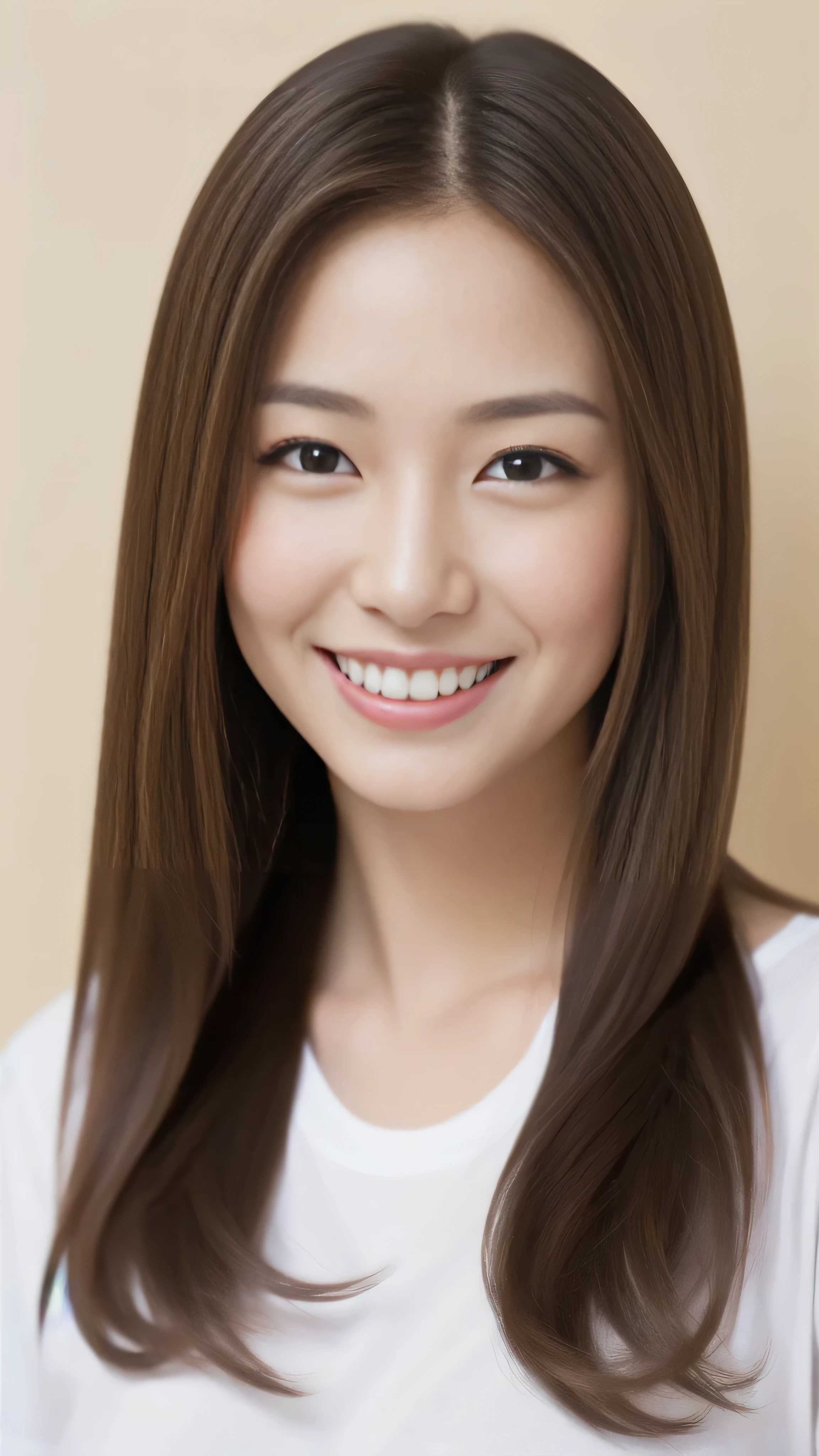 The face of a hostess、White T-shirt、High quality、Ultra-realistic、fine、Smiling face、Slim perfect figure、Japanese beauty、 Perfect Eyes、Radiant Skin、Upper body、White wall