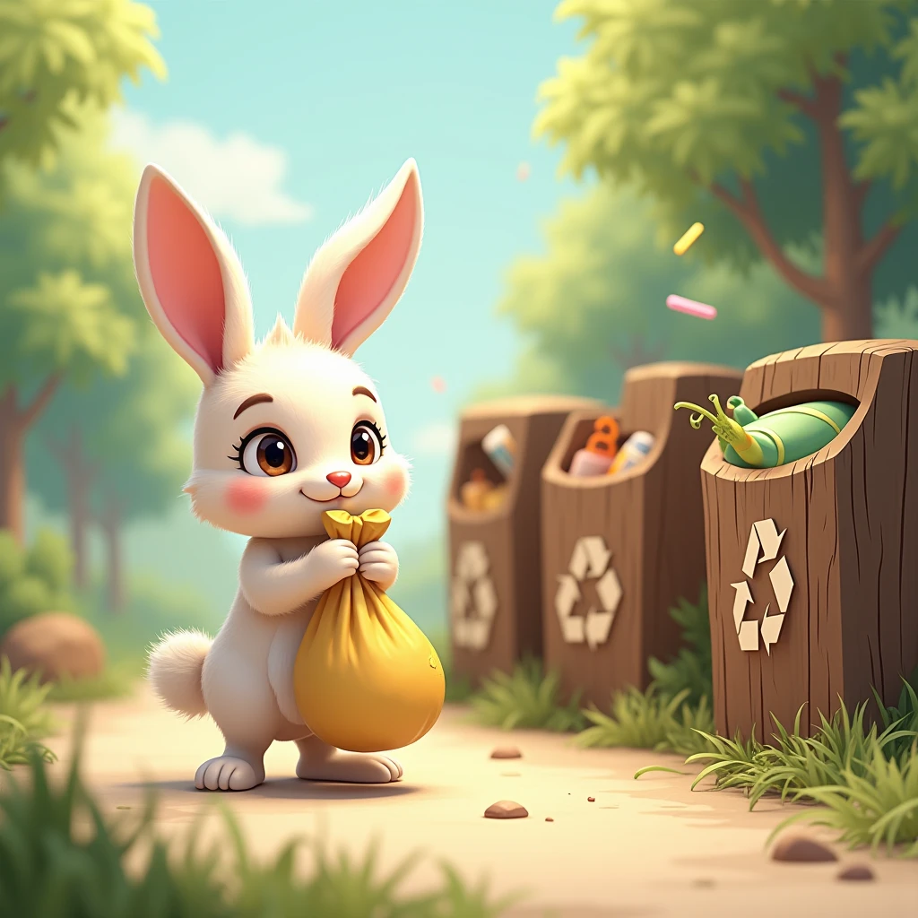 A cute rabbit is holding a bag of trash to throw into a bin, which has three bins categorized for recycling, organic waste, and other waste, made from tree stumps