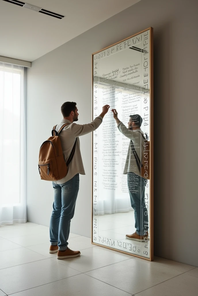 Generate a mirror wall for a both bordered with words like reflect, learn, grow, act. This mirror would serve as a wall where audience could stick notes about their reflection and learning in the seminar attended.