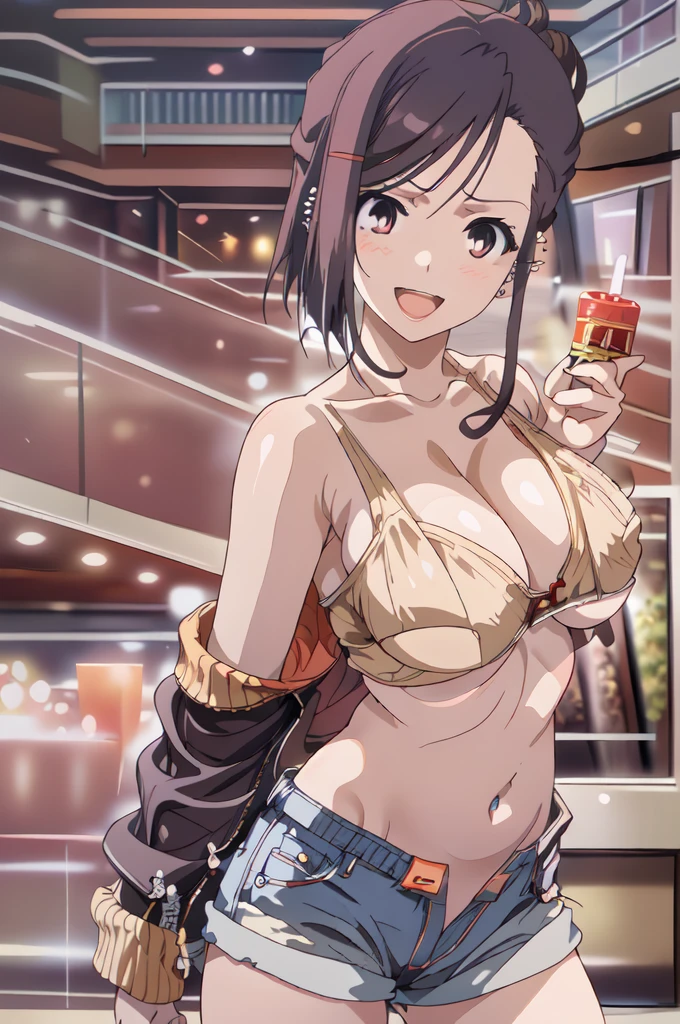 1girl, kanade sakurai, long hair, long hair, (3heads:1.5), open belly, very huge breasts, (very, beautiful eyes:1.5), (very detailed eyes:1.5), three headed girl, pretty eyes, blush, lipstick, Hot girl, baddie, staring, glaring, bad attitude, mean girl, crazy, smoking, sensual, attractive, mall, shopping center,indoors, masterpiece,high quality,16k, shirt, bare shoulder,belly,crop top,holding pistol,cleavage,casual dress,smile, open mouth, evil expression, exposed belly, exposed navel, exposed midriff, exposed lower belly, crop top overhang, underboob,jacket, miniskirt, short shorts, low rise black jeans, Low rise jeans, Low rise jeans with open fly, navel piercing