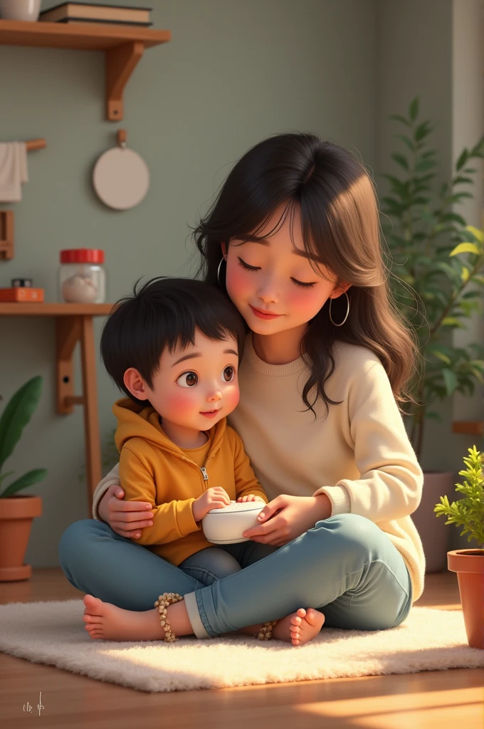Create an image of a mother caring for her , from housework and studying