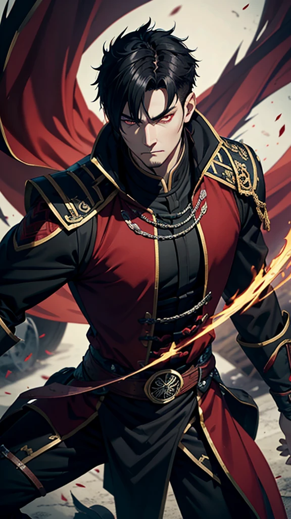 vampyre. Cao Cao. stark. Youngh. naughty man. brawny. . Stately. Dark black eyes. Black hair with red details. Short Hair Shaved Sides. Russian general&#39;s outfit.