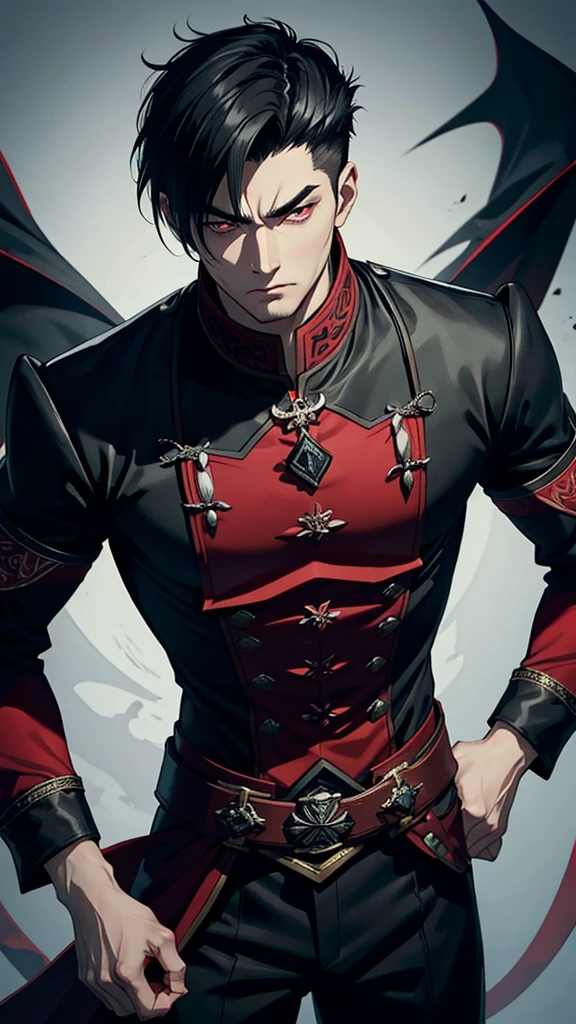 vampyre. Cao Cao. stark. Youngh. naughty man. brawny. . Stately. Dark black eyes. Black hair with red details. Short Hair Shaved Sides. Russian general&#39;s outfit.