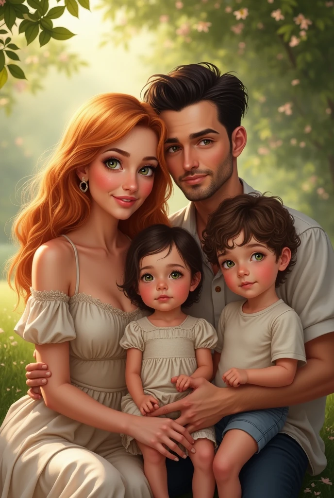 (best qualityer)), ((work of art)), (detailded), a woman with strawberry blonde hair and amber eyes wearing a beautiful, elegant and comfortable dress with her son with green eyes and strawberry blonde hair and her daughter with short wavy black hair and an extremely handsome man with a defined body, green eyes, short wavy black hair with a  girl on his lap, just like her father (three children )