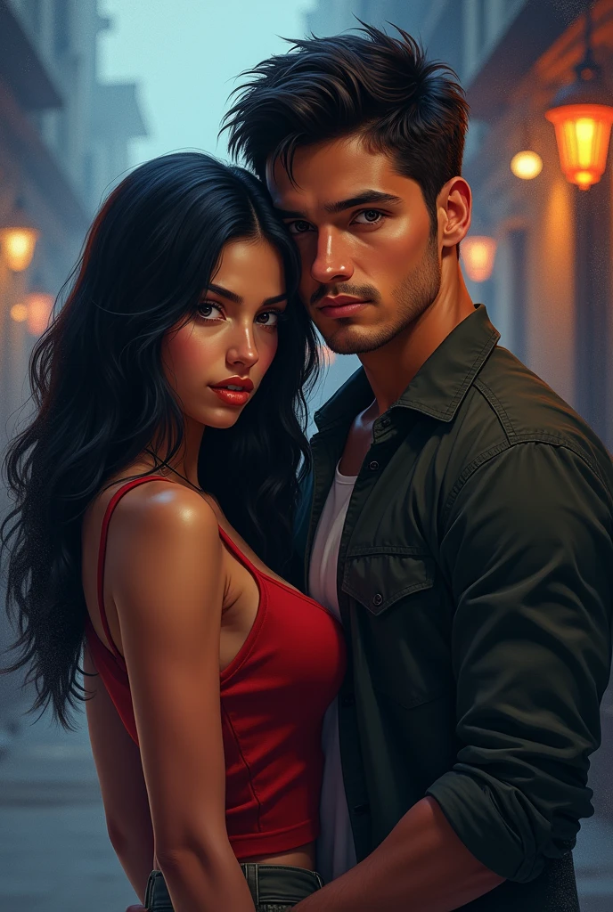 Cover for Wattpad youth romance book, black haired latina girl, and handsome bad boy in the style of a young adult novel 
