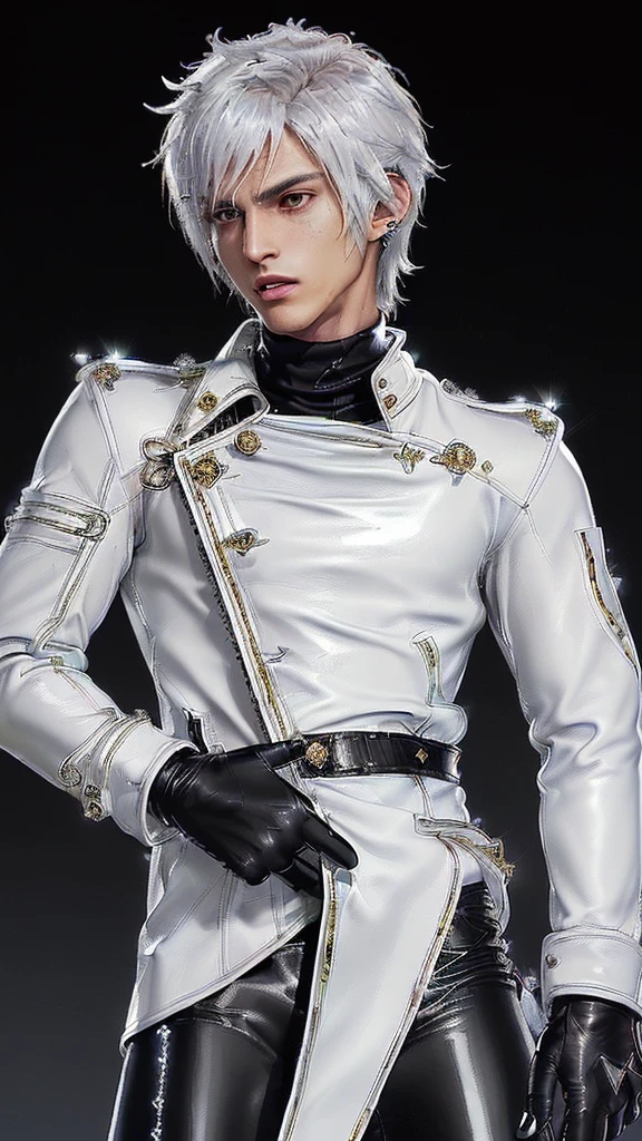 ((Final fantasy taste and reality graphics)), ((Japanese young cute and cool ikemen boy)), his age is early 20s, thin eyebrows and beady eyes, ((((he wearing white color and very shining brightly enamel leather very thick single-brest jacket)))), ((with epaulet)), ((enamel leather jacket close all zippers)),, ,(( jacket collar is very high length stand-up collar with belts)), , (((also wearing black color turtleneck very shining brightly enamel leather shirts))), (((tight black and very shining brightly enamel leather pants))), ((((very shining brightly black enamel leather tight and thin glove)))), ((black color and vety shining brightly leather knee-high raceup boots)),head-to-toe, whole body, boy looks like fashion model,Do not show skin from the neck down,(((all his clothes are smooth design and very shining))),(((Avoid adding unnecessary decorations to your clothes))),(((all clothes is simple design and appearance))),(((don't wear jewelry on all clothes)))
