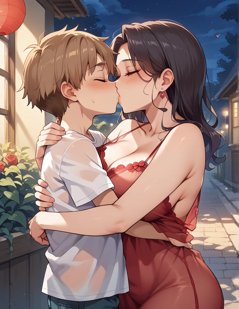 score_9, score_8_up, score_7_up, source_anime, 1boy, 1girl, mature female,  mother and son, , hug, kissing, date night, valentine's day, romantic, loose hairs, transparent dress