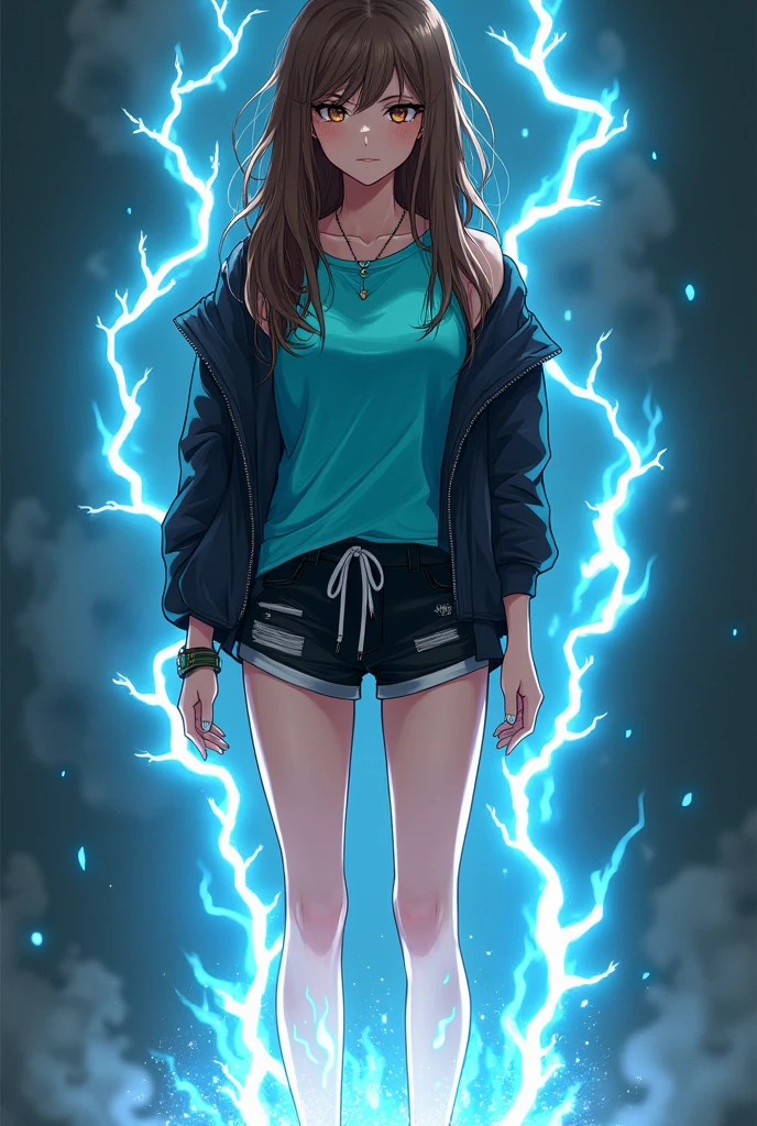 1. 1 white girl
2. Spanish features
3. Long wavy brown hair
4. Light brown eyes
5. Slightly elongated face
6. Small tits
7. Wide hips
8. Wears black shorts
9. Turquoise t-shirt
10. Black jacket
11. Electric white rays are emitted from her body
12. It has to be full body
13. She wears black sports boots
14. Blue intense fire is emitted from her feet
15. It has to be an anime girl