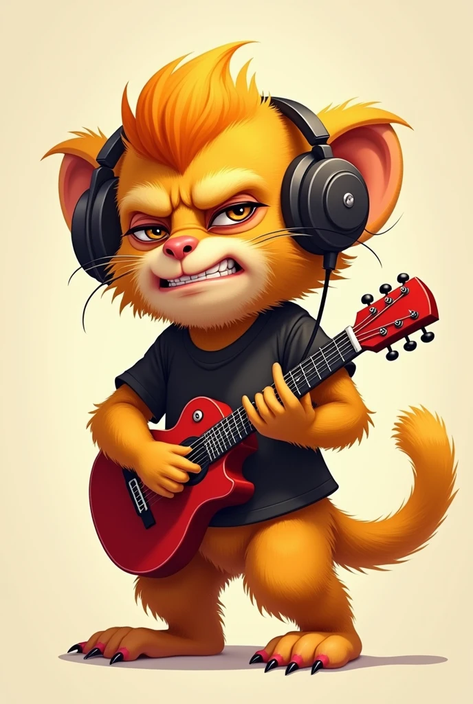 Golden lion tamarin in cartoon form, standing, with head bowed, colored with shades of yellow and orange and using headphones. Angry face, with closed eyes and an arched eyebrow, wearing a black short sleeve t-shirt and holding a red guitar.