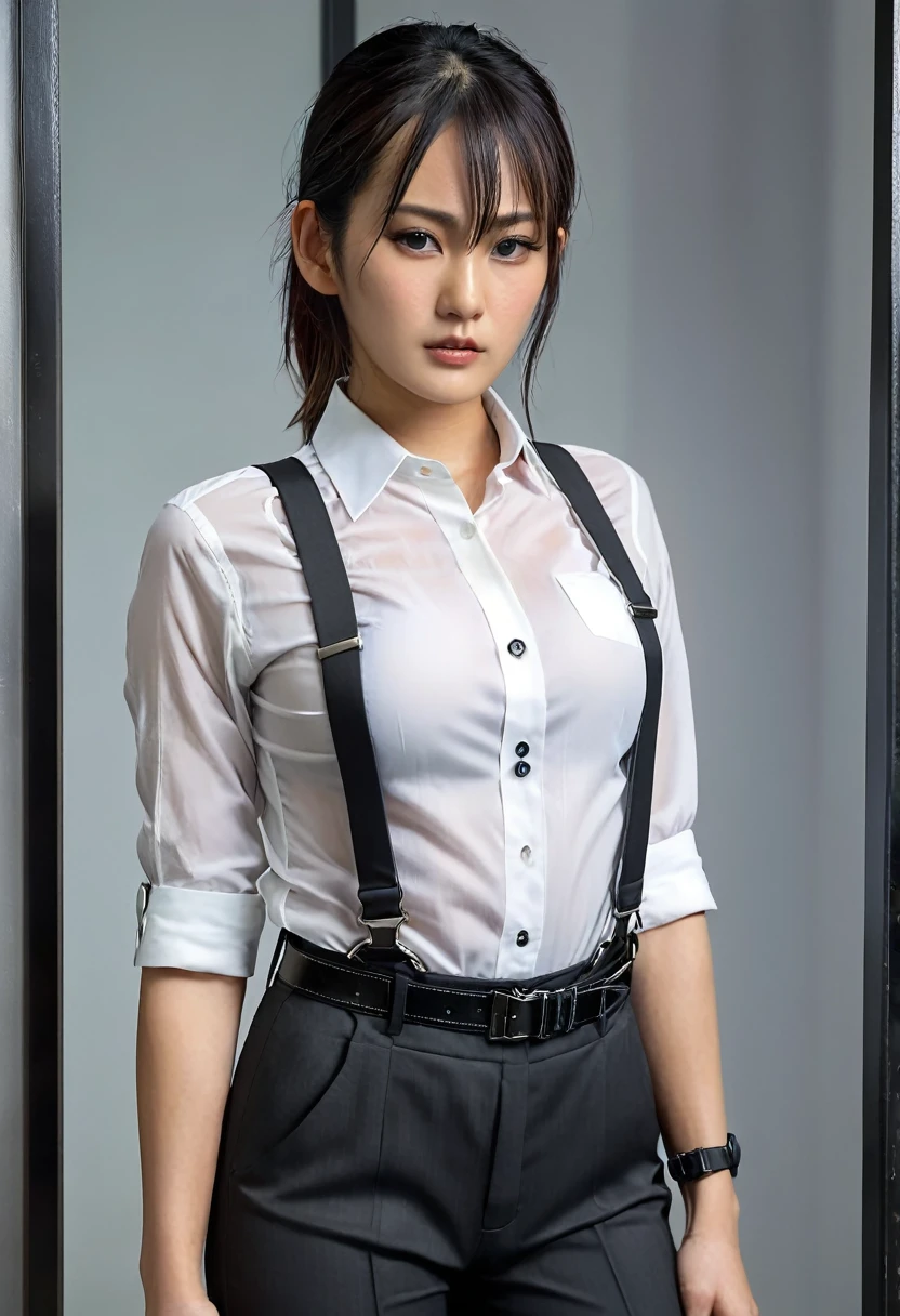 a woman in a suit, belt, hands behind back, sweating, suspenders, black pants, sexly, large breasts, see-through clothing,, detective, office worker, white button-up shirt, (best quality,4K,8k,highres,masterpiece:1.2),ultra-detailed,(realistic,photorealistic,photo-realistic:1.37),hyper-detailed,highly detailed face and body, Slender　thin　suspenders　Moderate breasts　See-through shirt　Nipples　holster　chain　Pistol　Armament　criminal　Female criminal　knife　japanese　profile　Japanese women　arrested handcuff　Cable tie on thumb　Restraint Fingercuffs
