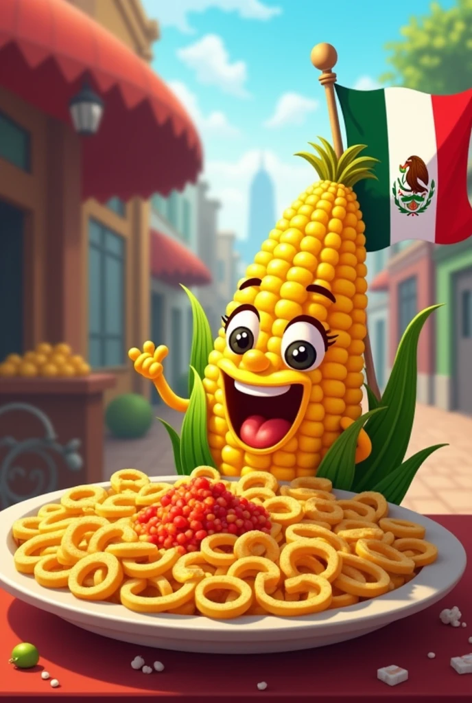 An image where there is an esquite and an animated corn with a text that says Esquites Topping and the Mexican flag