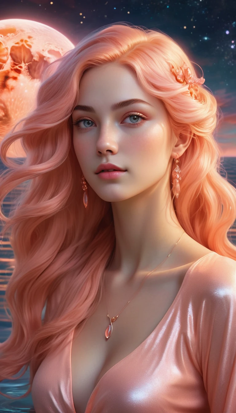 Serene woman, long peach-colored hair merging into cosmic waters, symbolizes Pisces, calm and empathetic expression, soft luminous skin, cosmic sky background, peach and coral tones with glowing moonlight reflecting off the water, mystical atmosphere, eyes with a powerful, empathetic glow, hidden strength, intuition, peach tones in clothing, and coral light illumination, 4K digital artwork, ultra-realistic, high definition.