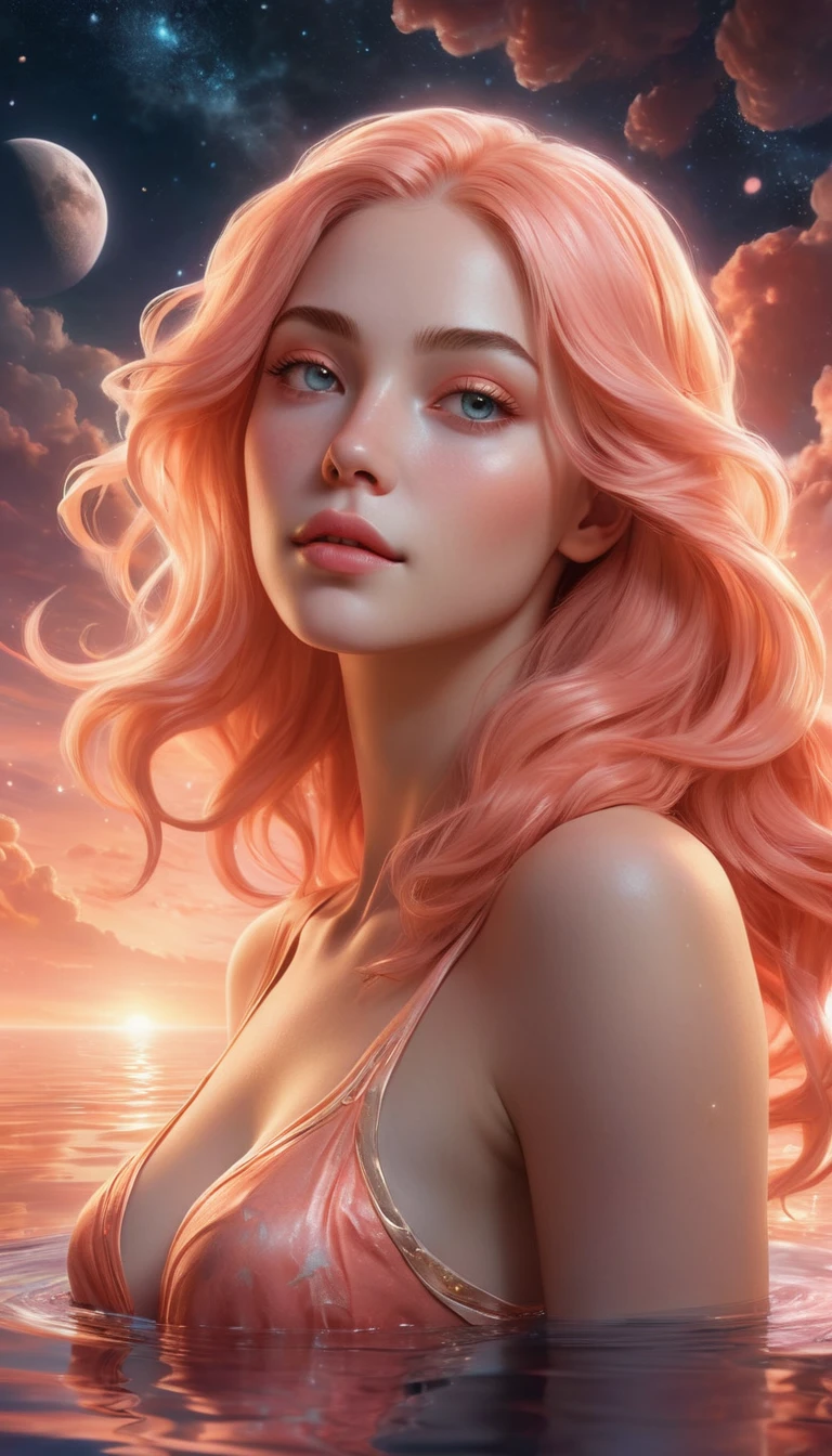 Serene woman, long peach-colored hair merging into cosmic waters, symbolizes Pisces, calm and empathetic expression, soft luminous skin, cosmic sky background, peach and coral tones with glowing moonlight reflecting off the water, mystical atmosphere, eyes with a powerful, empathetic glow, hidden strength, intuition, peach tones in clothing, and coral light illumination, 4K digital artwork, ultra-realistic, high definition.