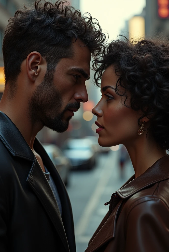 A 1 man meets a woman on the street who has short, curly hair., She thinks he's really handsome but he has a gangster face but she likes to take risks