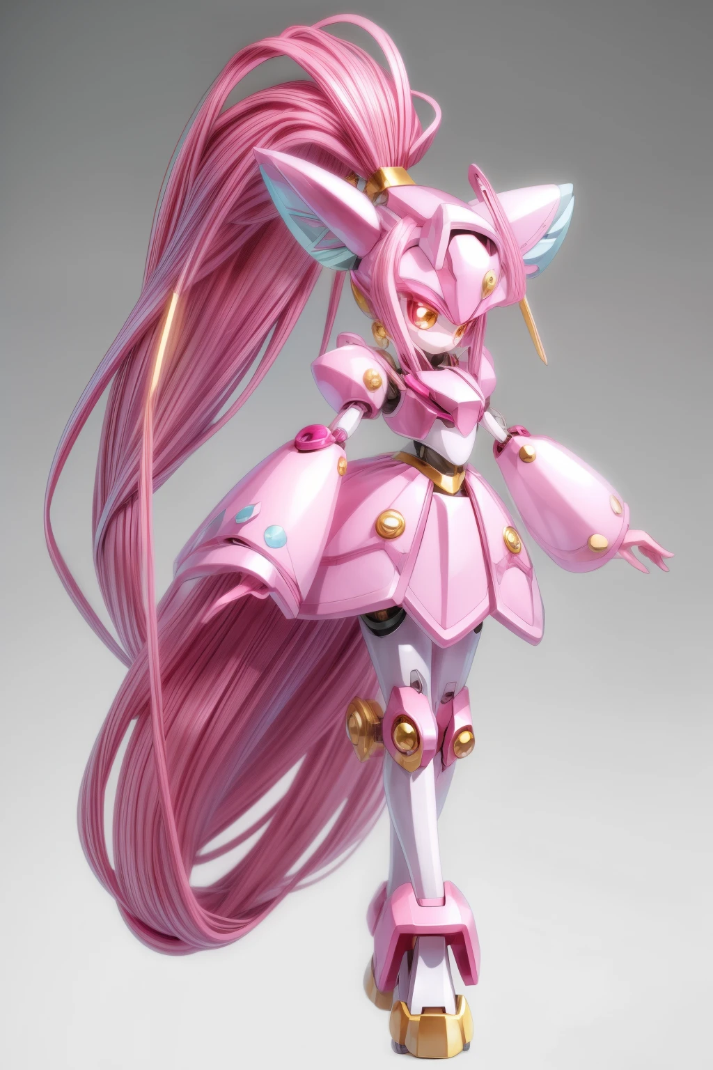 A solo pink and pupple Medabot with gold trim with no mouth and glowing eyes and long hair high ponytail, high detail, simple background, masterpiece,4k,8HD