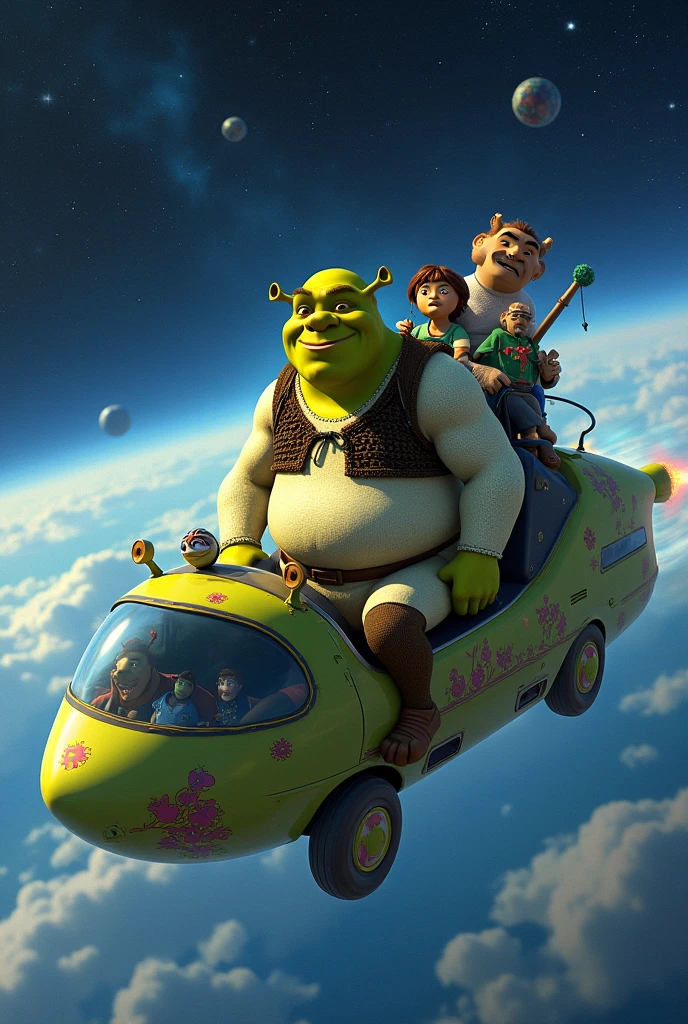 Shrek on a space bus happily going into space 