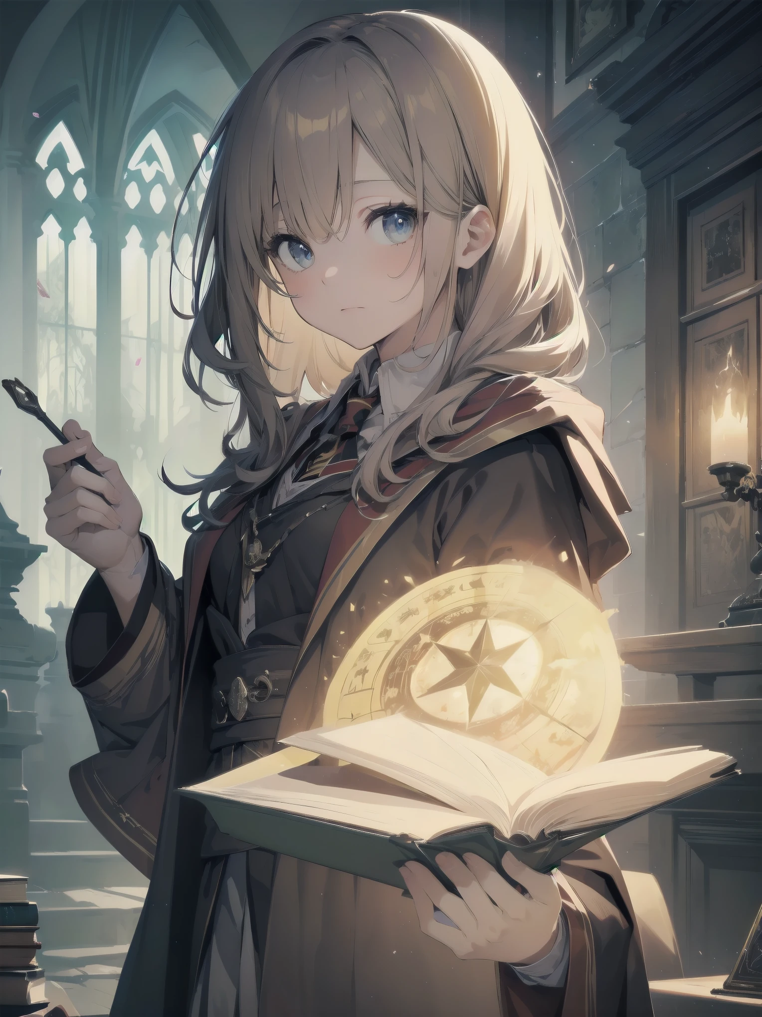 Masterpiece, Top Quality, Absurd, High Resolution, Subject Seismic, Animation Style Illustration with Mock Pause, 1 Girl, Solo, Cute random hairstyle, beautiful random expression and face, random age, slender, random clothing for situation,wizard robes, wand, magical castle, owl, spell book, (Hogwarts: 1.2), magic, wonder, (Harry Potter inspired: 1.3), mysterious atmosphere, details