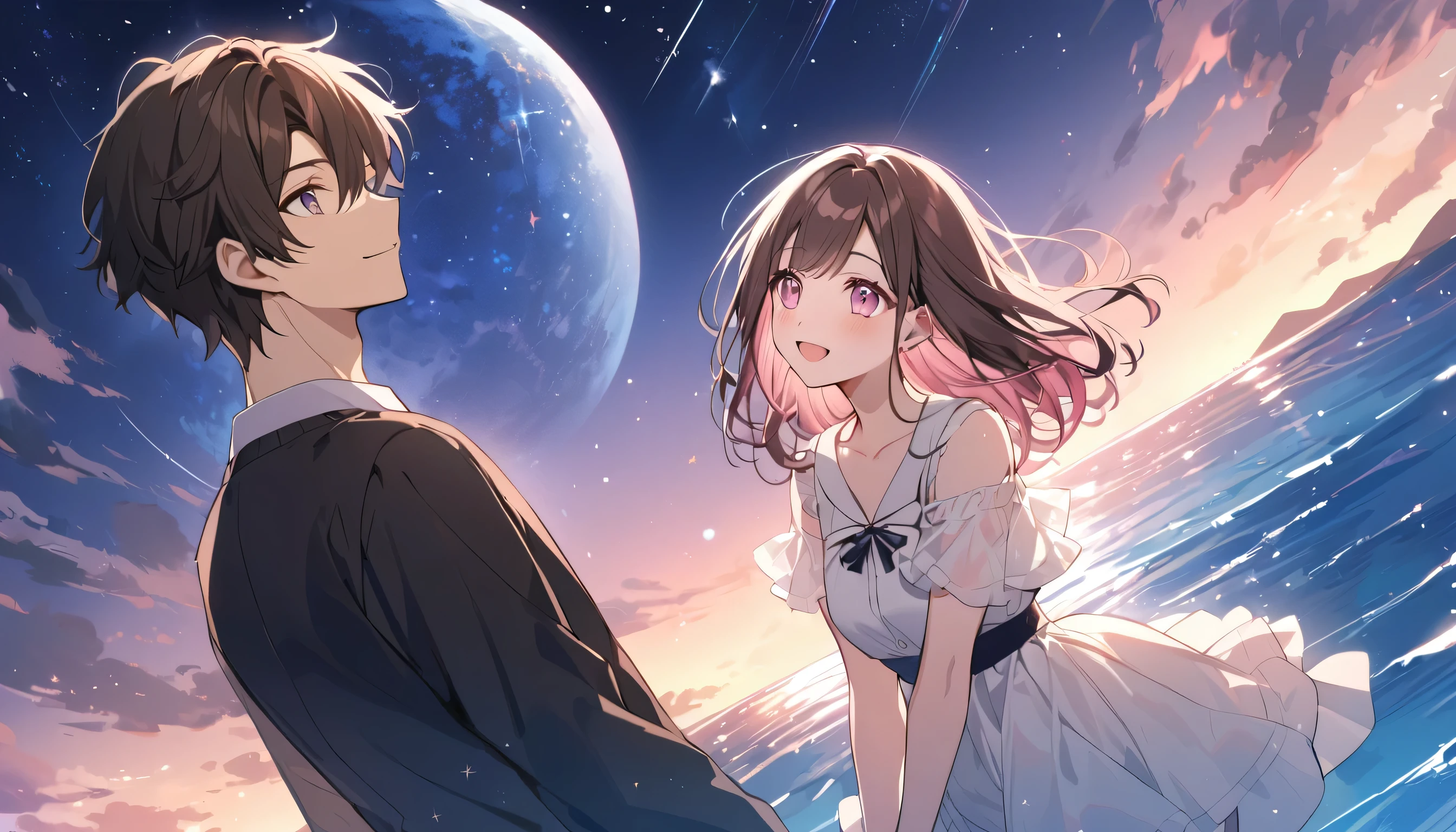high school student,1 male,1 female,Medium Hair, Dark brown hair, Pink highlights on the tip, Pale pink eyes,Smile Facial,A vast night sky with twinkling stars,Ocean
