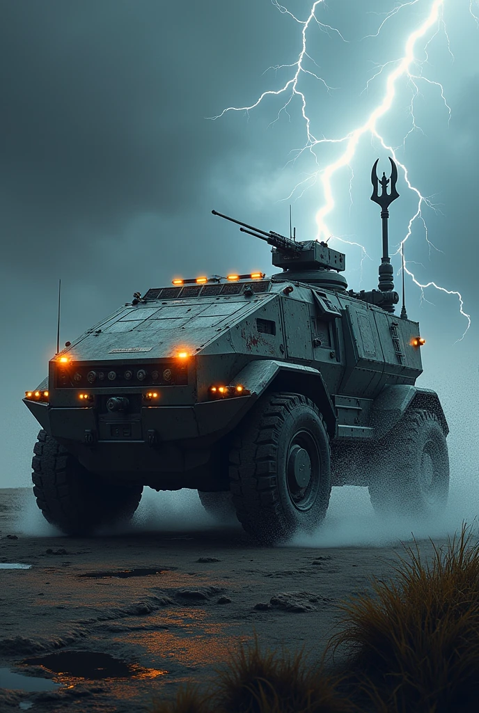 Sideview of Amphibious Assault Vehicle with cross trident and spear and a bit of lightning with text at the bottom stating "Amphibious Vehicle Riders CL-07-2024