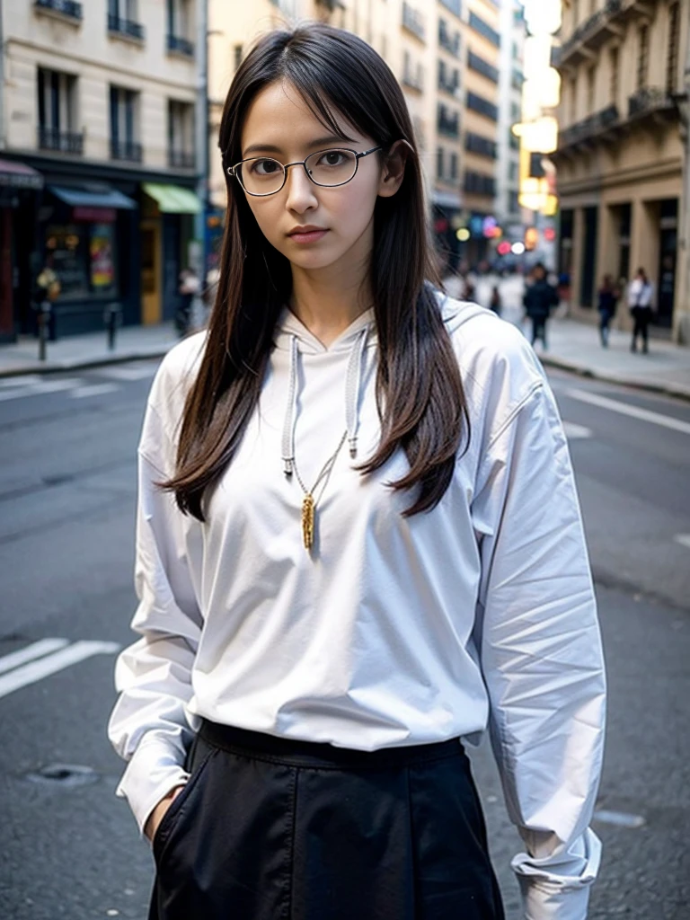 Photo of a beautiful woman standing on a street corner, (masterpiece:1.2, highest quality), (Realistic, photoRealistic:1.4), Beautiful illustrations, (Natural Side Lighting, Cinema Lighting), Written boundary depth, Beautiful thighs staring at the viewer, (((Face Focus, Upper Body))), 1 female, 30-year-old, alone, thin, slender, small breasts!!!, Loose curly hair, Bedhead, thin, slender, (((glasses))), hoodie, long sexy skirt, Are standing, Paris on a clear day with park in the foreground