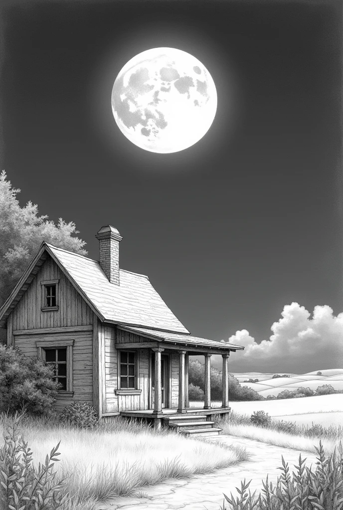 Make me a picture of the full moon with a country house and the moon is a little far from the house and the image is horizontal with a pencil effect