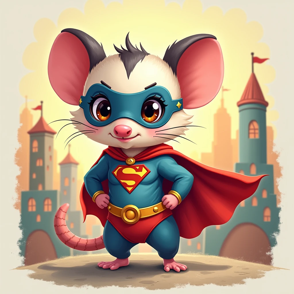 Create a charming and whimsical illustration of a baby opossum dressed as a superhero. The opossum should be small and adorable, with a bright, colorful superhero costume that includes a cape, mask, and a logo on its chest. The costume can be in vibrant colors like red and blue, with a fun emblem that reflects its heroic nature. The opossum's mask should cover its eyes, giving it a playful yet determined expression. The background can feature a cityscape or a whimsical setting, adding to the superhero theme. Include some dynamic poses or action elements, such as the opossum flying or striking a heroic stance, to bring the character to life and emphasize its superhero persona."