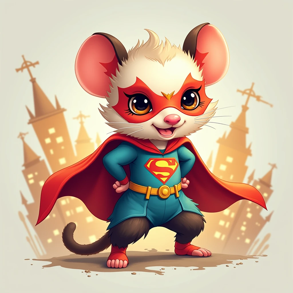 Create a charming and whimsical illustration of a baby opossum dressed as a superhero. The opossum should be small and adorable, with a bright, colorful superhero costume that includes a cape, mask, and a logo on its chest. The costume can be in vibrant colors like red and blue, with a fun emblem that reflects its heroic nature. The opossum's mask should cover its eyes, giving it a playful yet determined expression. The background can feature a cityscape or a whimsical setting, adding to the superhero theme. Include some dynamic poses or action elements, such as the opossum flying or striking a heroic stance, to bring the character to life and emphasize its superhero persona."