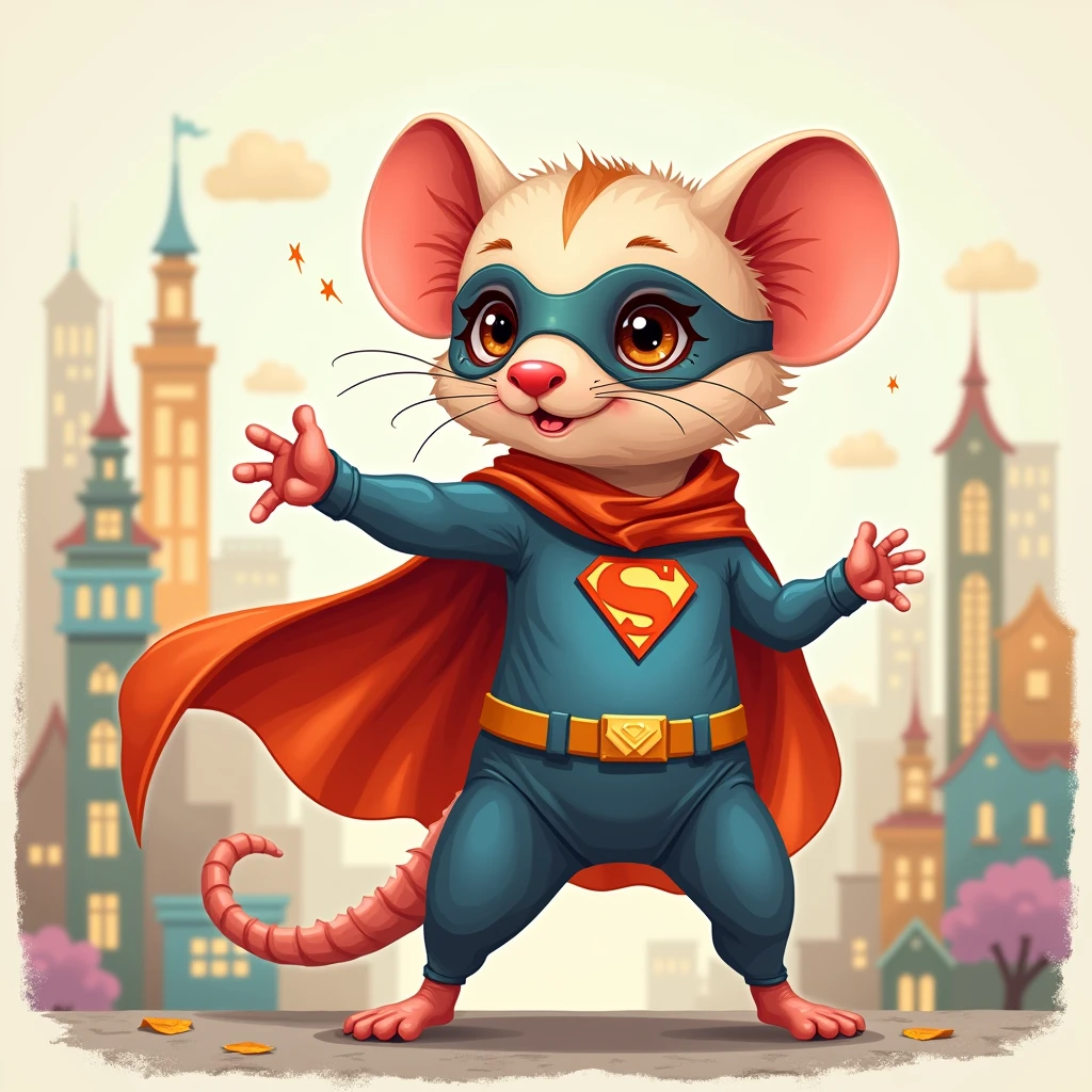 Create a charming and whimsical illustration of a  opossum dressed as a superhero. The opossum should be small and adorable, with a bright, colorful superhero costume that includes a cape, mask, and a logo on its chest. The costume can be in vibrant colors like red and blue, with a fun emblem that reflects its heroic nature. The opossum's mask should cover its eyes, giving it a playful yet determined expression. The background can feature a cityscape or a whimsical setting, adding to the superhero theme. Include some dynamic poses or action elements, such as the opossum flying or striking a heroic stance, to bring the character to life and emphasize its superhero persona."