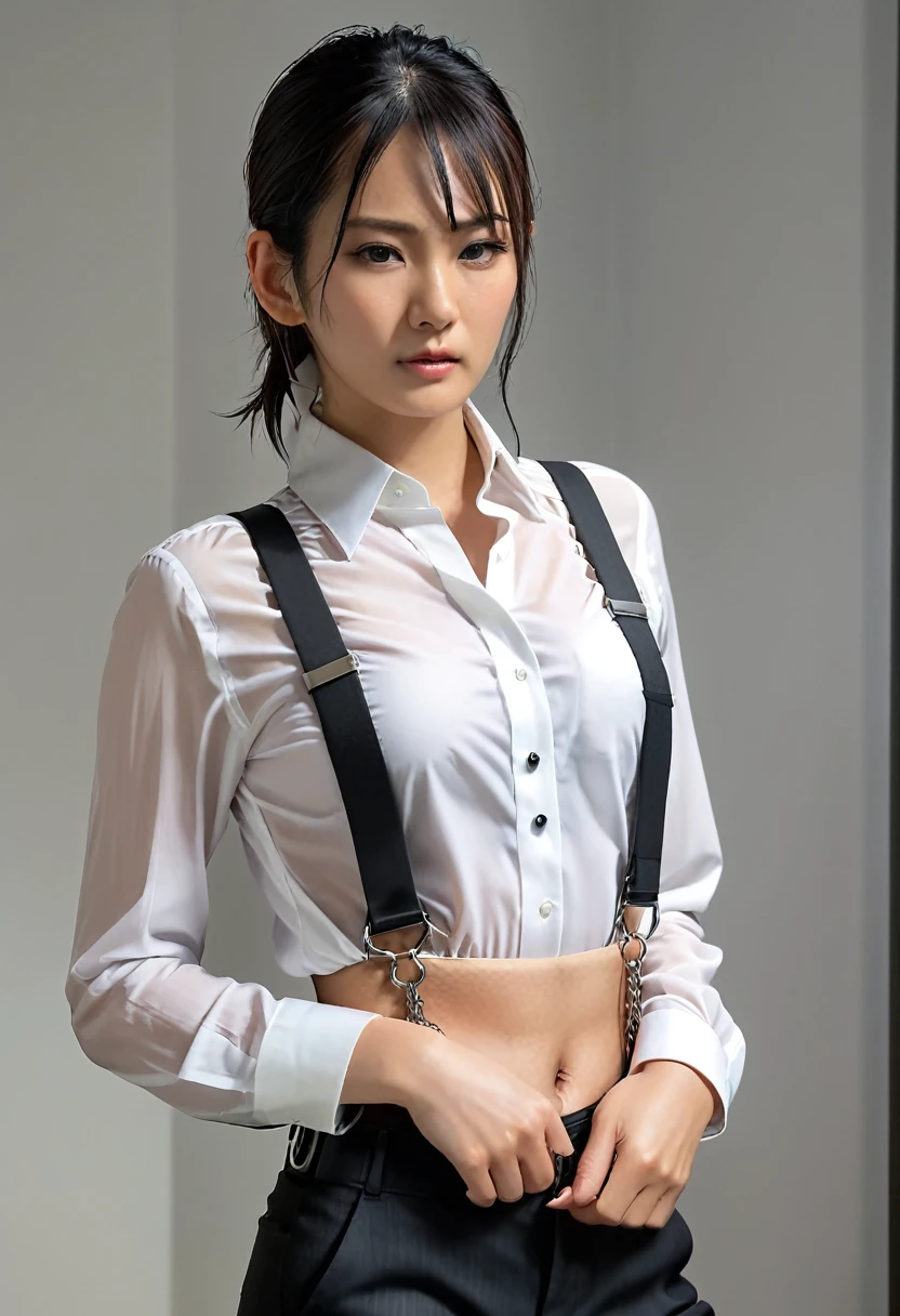 a woman in a suit, belt, hands behind back, sweating, suspenders, black pants, sexly, large breasts, see-through clothing,, detective, office worker, white button-up shirt, (best quality,4K,8k,highres,masterpiece:1.2),ultra-detailed,(realistic,photorealistic,photo-realistic:1.37),hyper-detailed,highly detailed face and body, Slender thin suspenders Moderate breasts See-through shirt Nipples holster chain Pistol Armament criminal Female criminal knife japanese profile Japanese women arrested handcuff Cable tie on thumb Restraint Fingercuffs