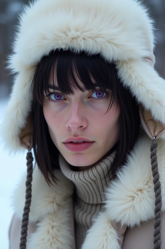 Real life, White young man with black hair, Bangs in the hair, purple eyes, shoulder length hair with Bangs, White ushanka hat, russian young man, fur coat, male, Fox eyes, shoulder length straight hair, straight shoulder length hair with bangs, from far away, full body