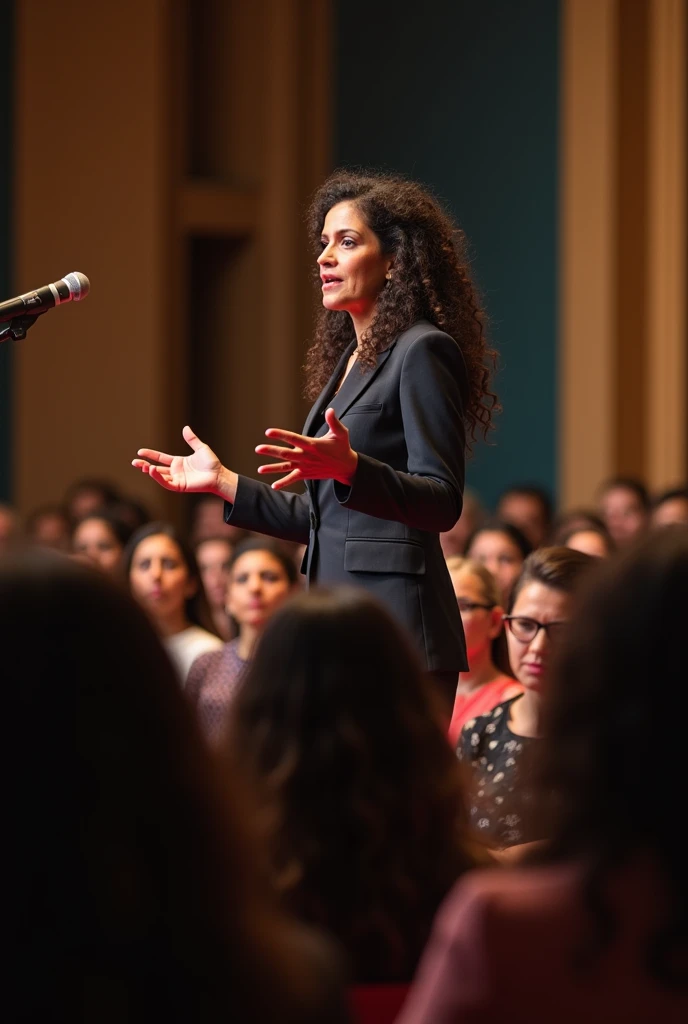 Maria Nieves Bustamante giving a speech to other women


